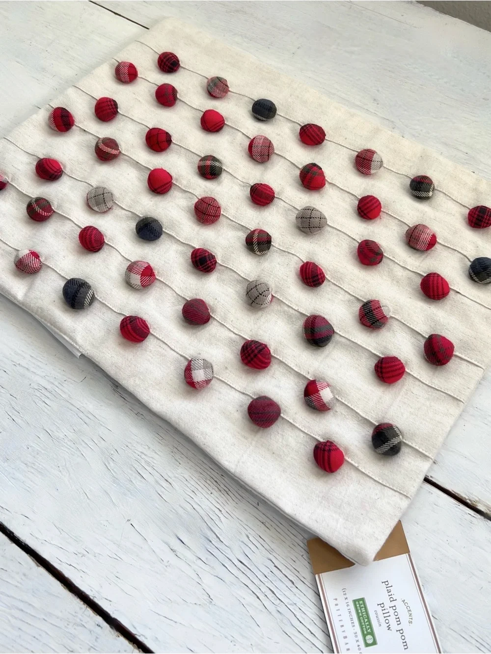 Pottery Barn Cream Pillow with Red and Navy Pom Dots